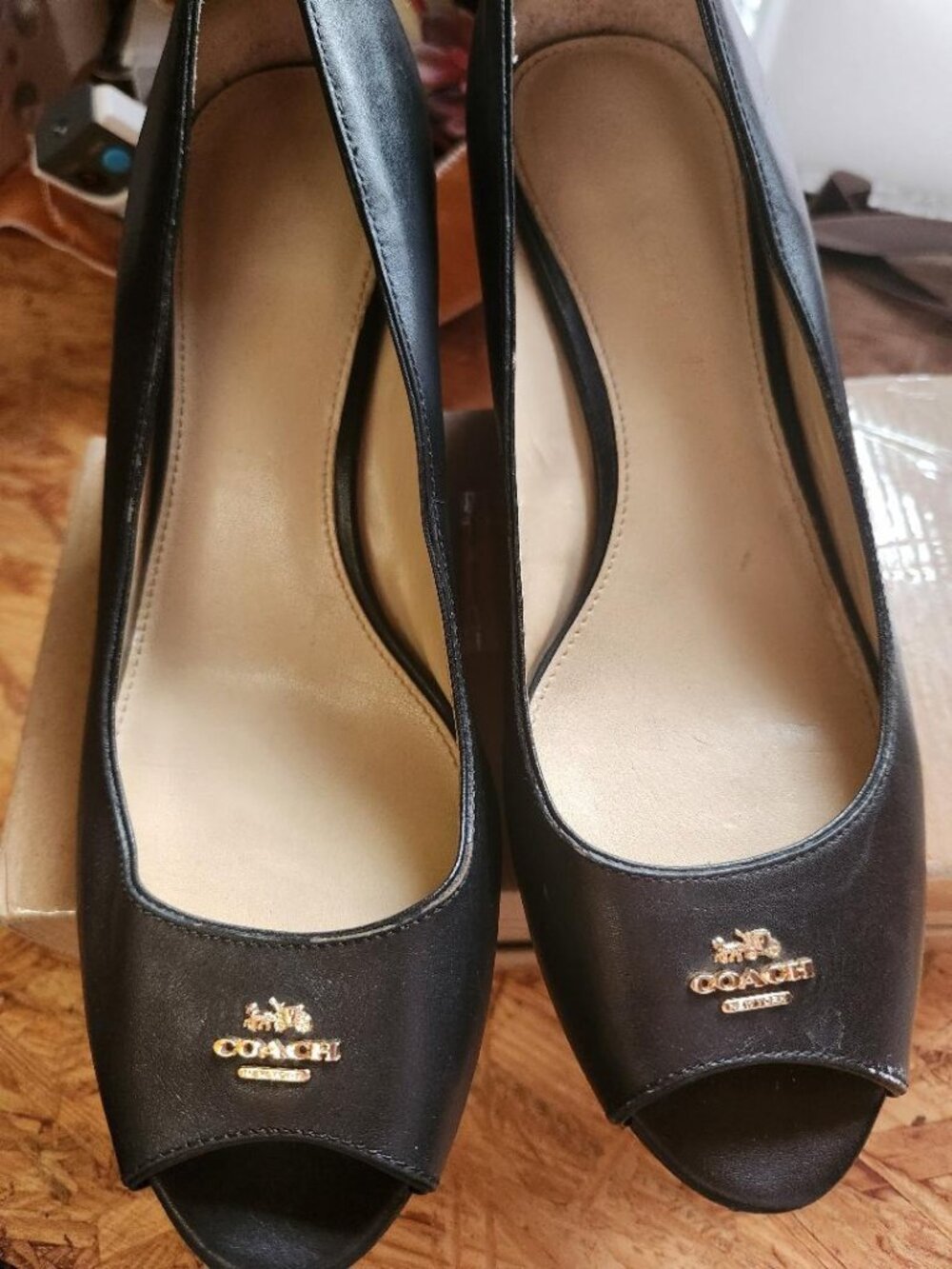 Womens Coach Black Leather Peep Toe Wedge Heels with Gold Badge Sz 9B MSRP $298